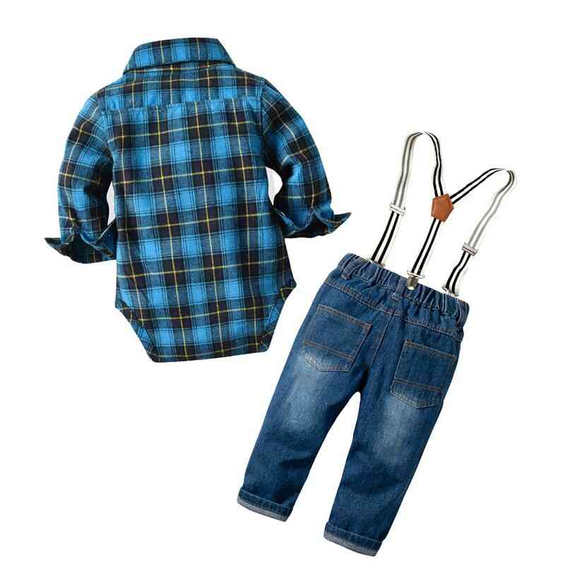 Baby Boy Denim Clothes, Cotton Plaid Rompers Bib Jeans Clothing Suit