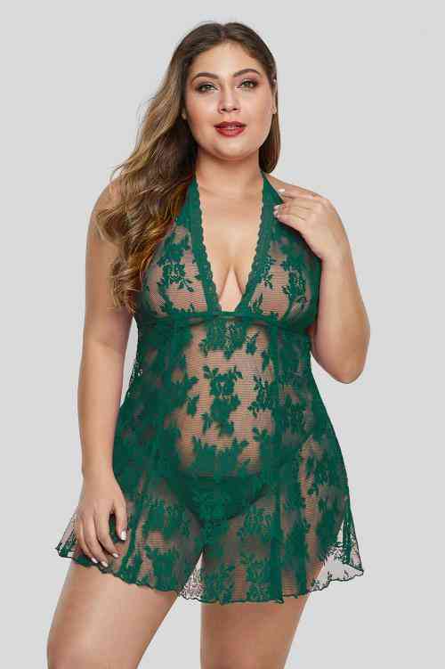 Green Open Back, See Through- Lace Plus Size Lingerie
