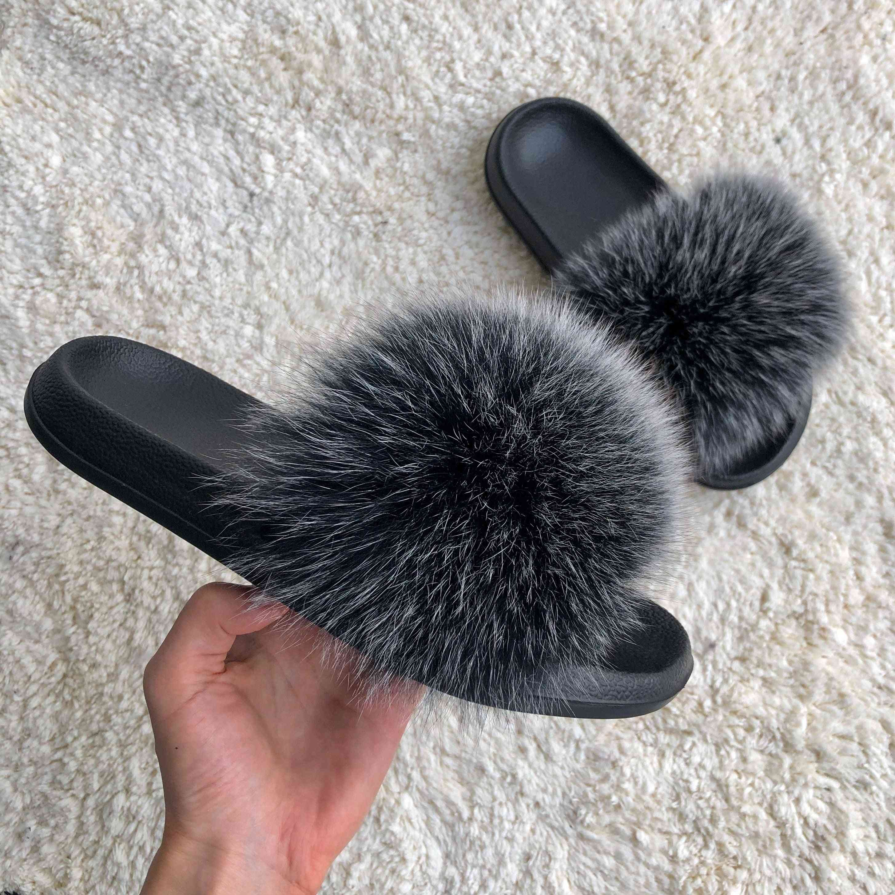Blană de vulpe adevărată diapozitive papuci de pluș cu blană, pantofi șlapi