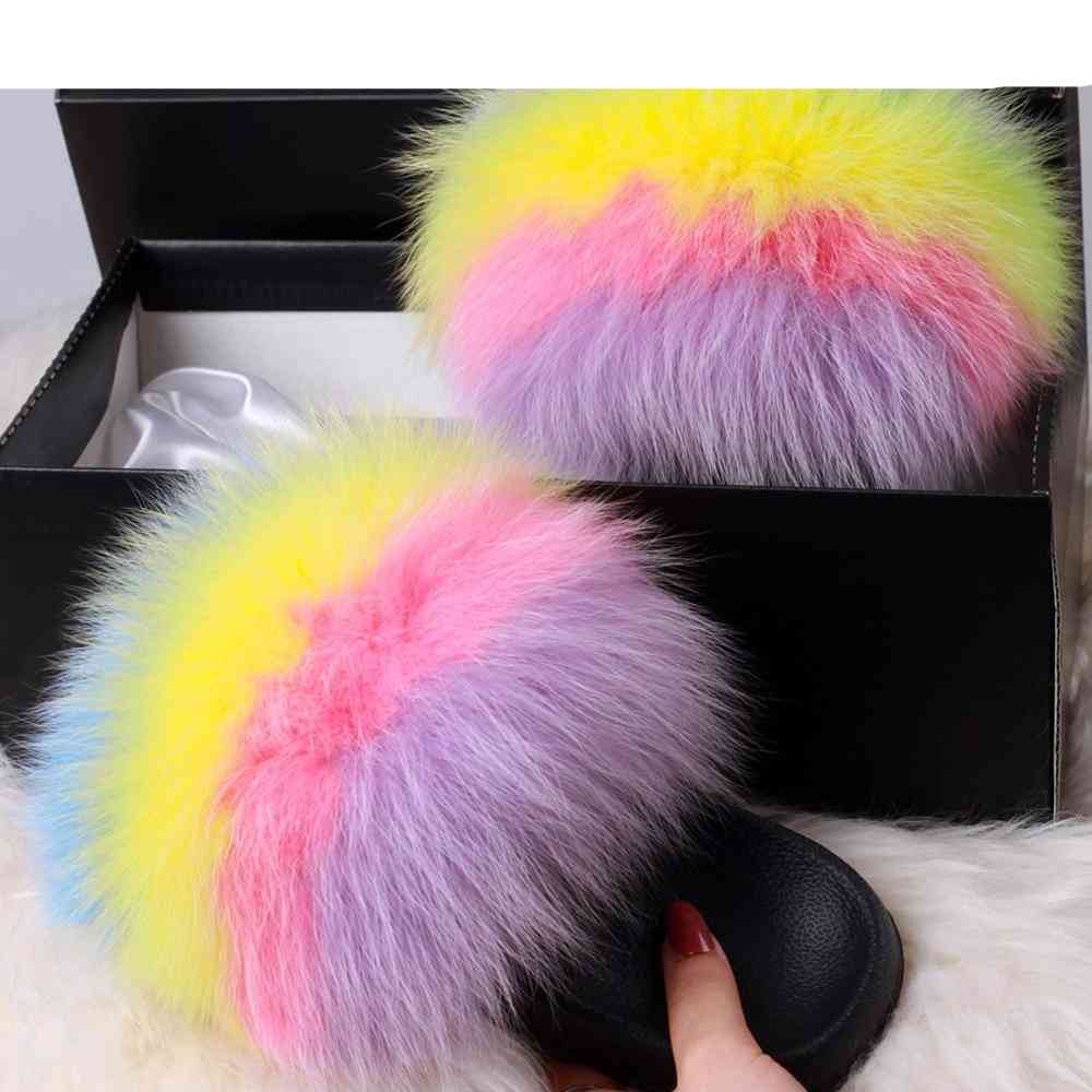 Real Fox Fur Slides Furry Plush Slippers, Flip Flops Shoes