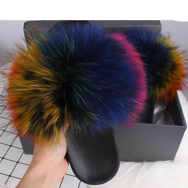 Real Fox Fur Slides Furry Plush Slippers, Flip Flops Shoes