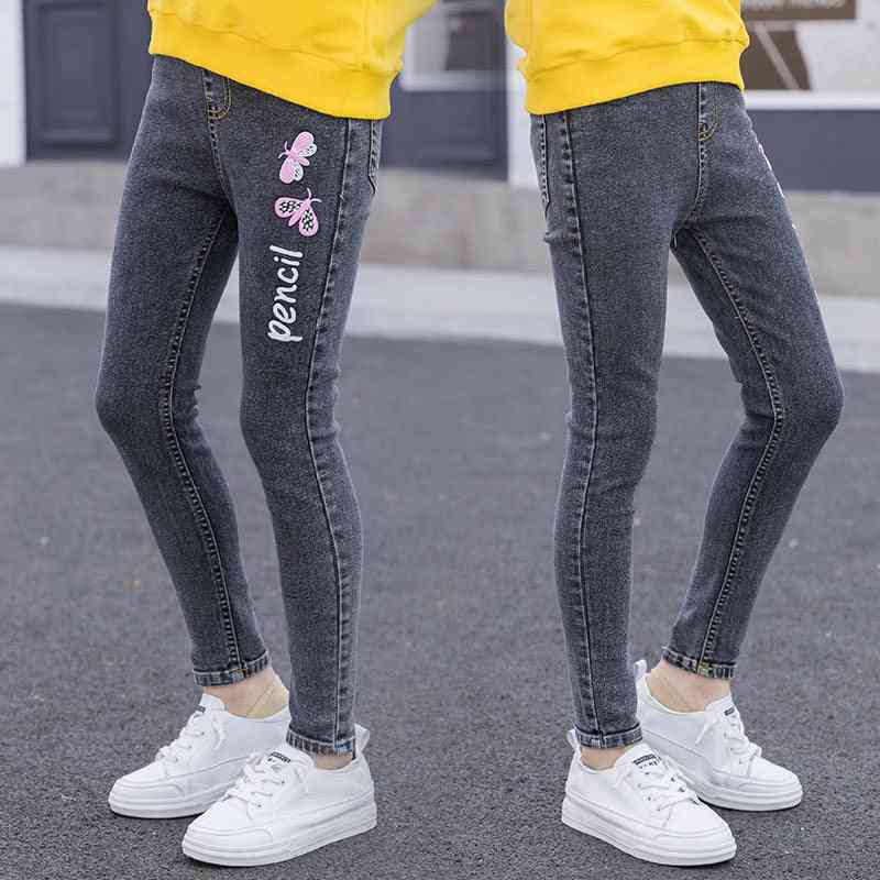 Young Girl Jeans With Butterfly Print Princess Skinny Denim Pants