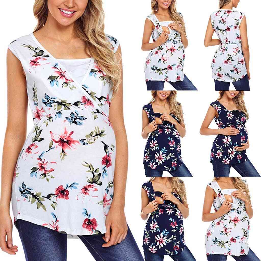 Women's Maternity Sleeveless Floral Print Tops, Nursing Baby Blouse Clothes