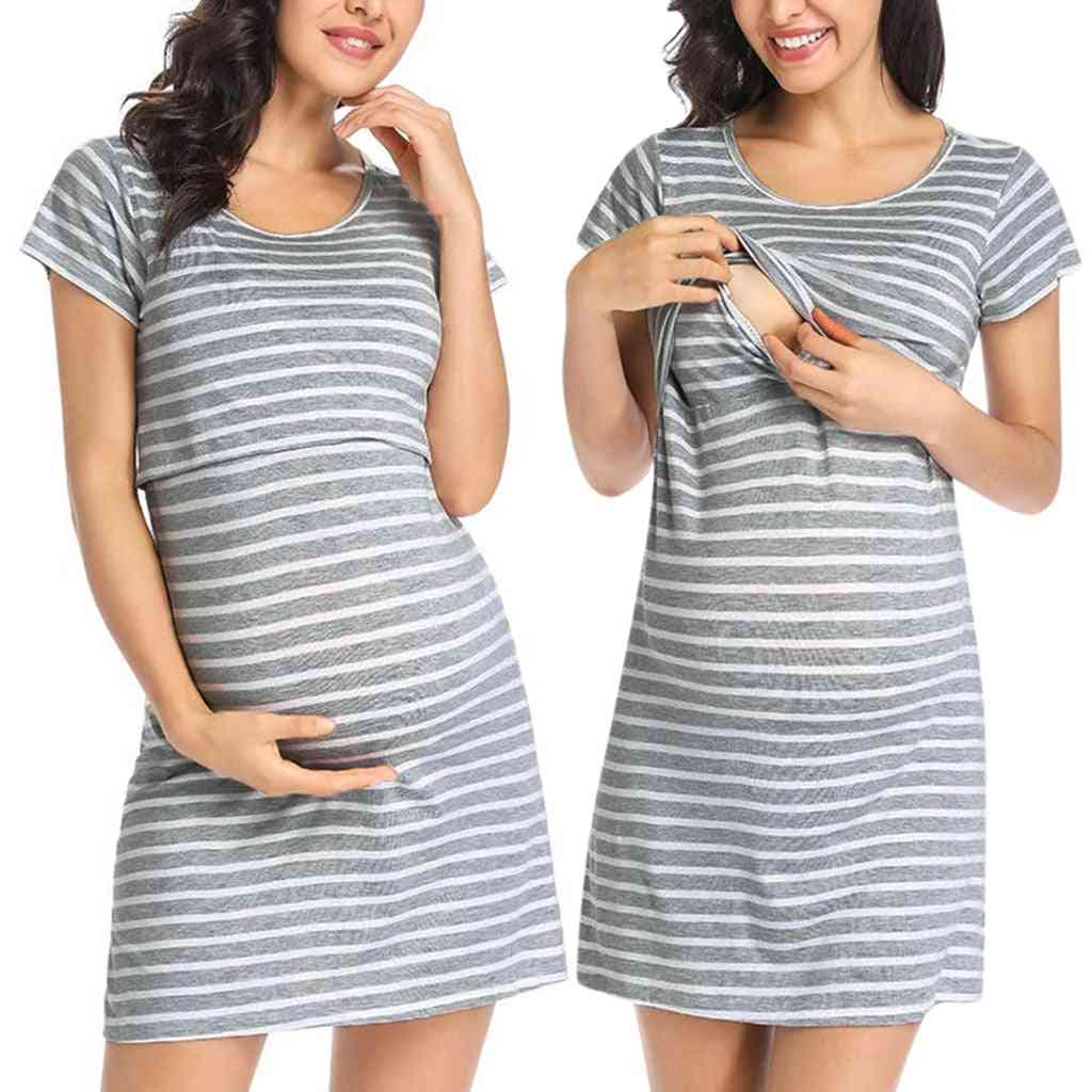 Womens Maternity Short Sleeve Striped Print Nursing Dress For Breastfeeding
