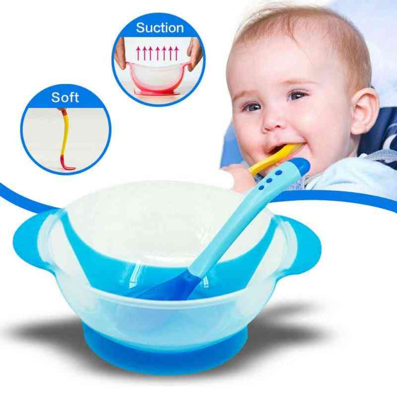 Ciotola per l'alimentazione del bambino, cucchiaio, sensore di temperatura, set di stoviglie per la tavola