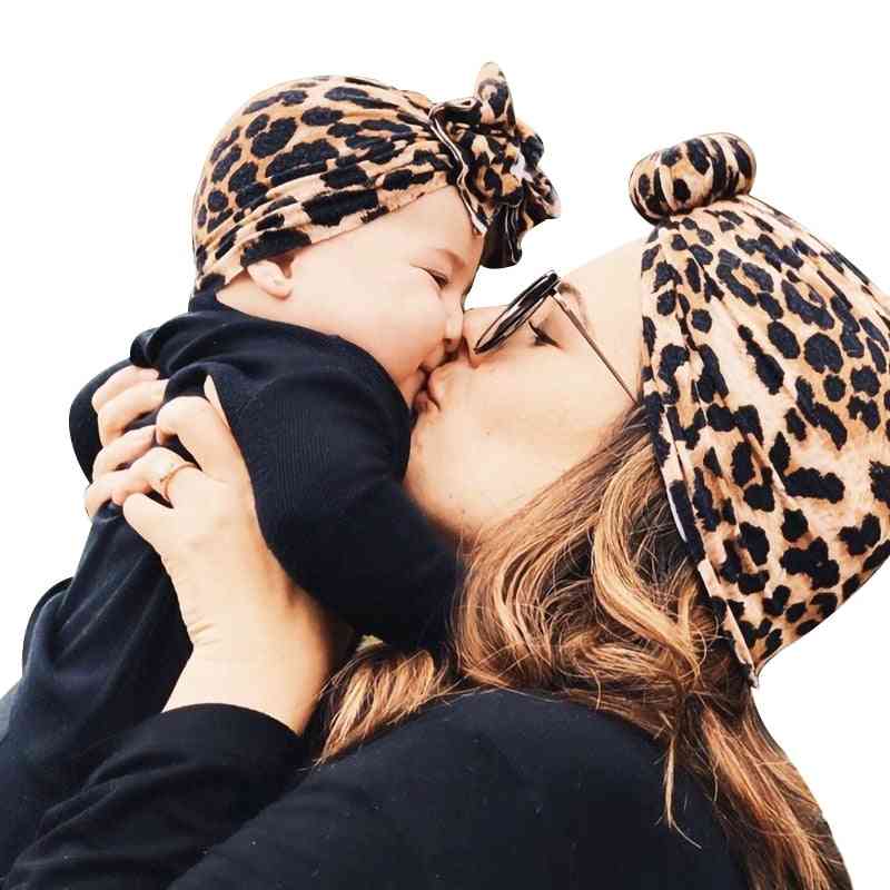 Leopard Cotton- Turban Hat Bows, Flower Head, Wrap Cap For Girl, Boy, Mom