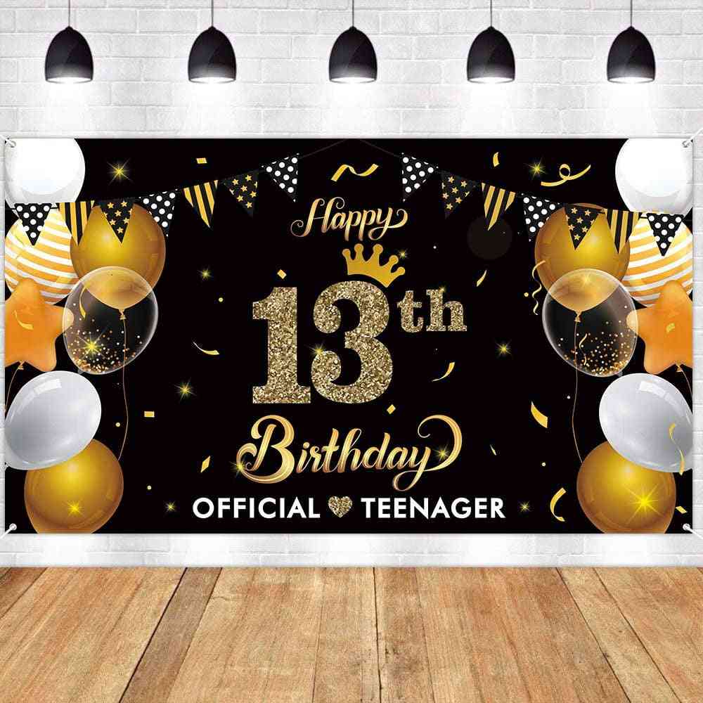 13th Happy Birthday Banner Backdrop Official Teenager Gold Party Decoration