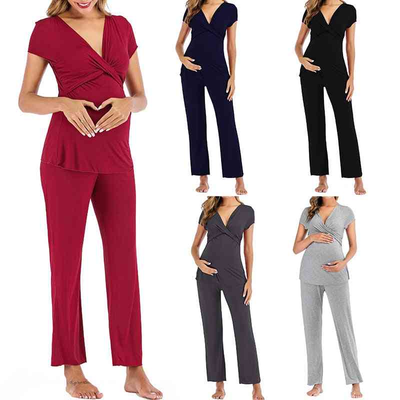 Pregnant Women Layered Nursing Pajama Capri Set, Breastfeeding Sleepwear