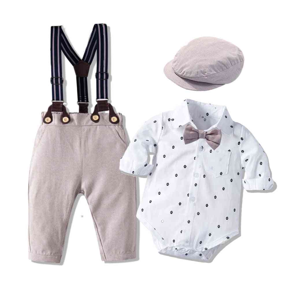 Toddler Kids Spring Suit - Gentleman Printed, Cotton Romper Clothes With Bow Hat