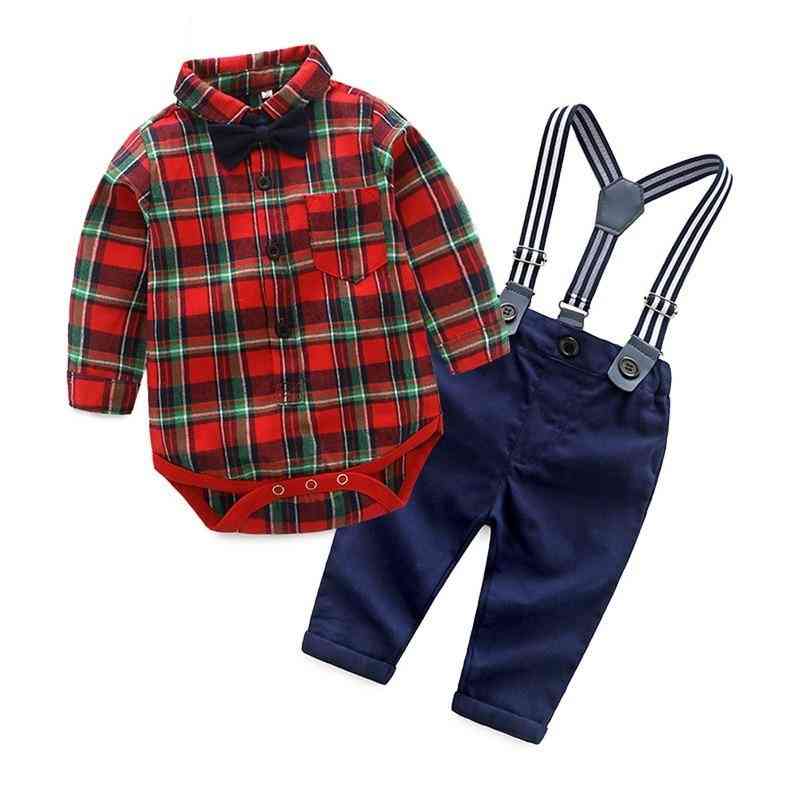 Baby Clothing Sets - Plaid Long Sleeve Biw Tie, Shirt, Rompers Suspenders Pants