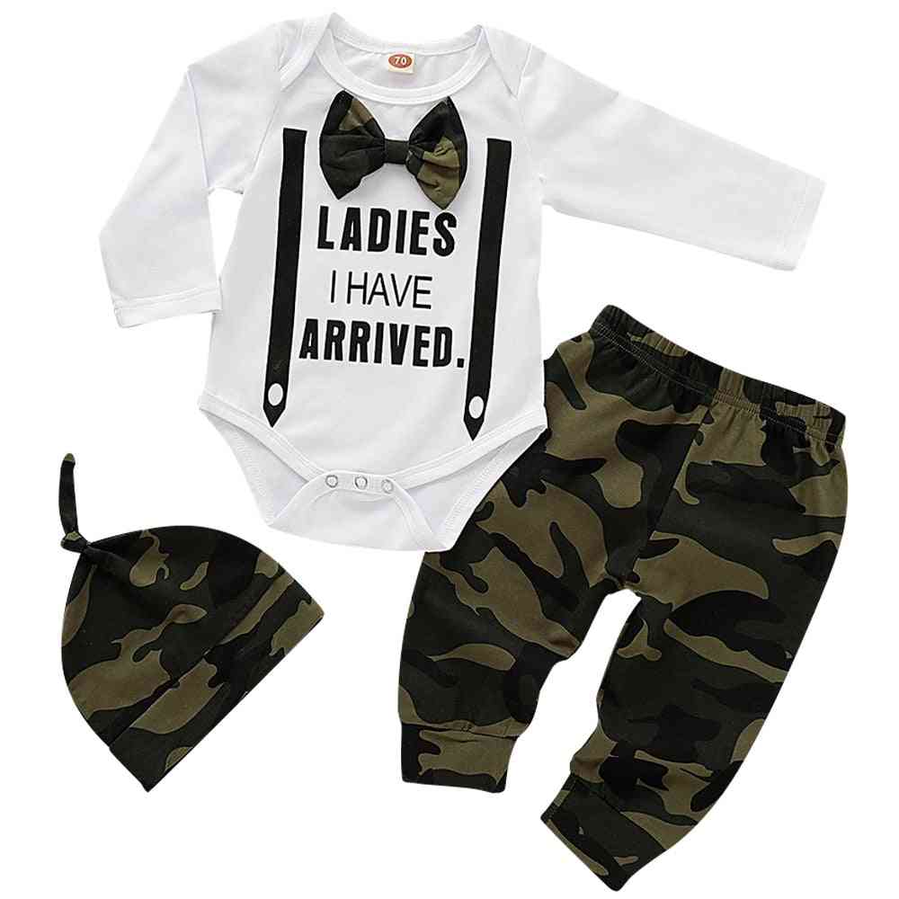 Lovely Bowtie- Cotton Tops & Long Pants, Hat Outfit Bodysuit Set For Baby Boy