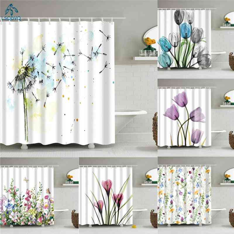 Flower Dandelion, Shower Fabric Polyester, Bathroom Curtains With Hooks ( Set 3)