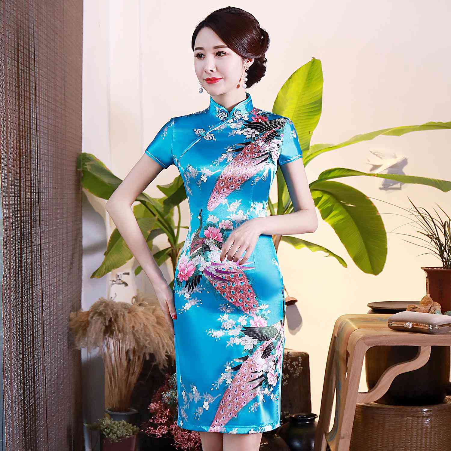 Flower Print Women Short Split Traditional Dress Plus Size Rayon Set-4