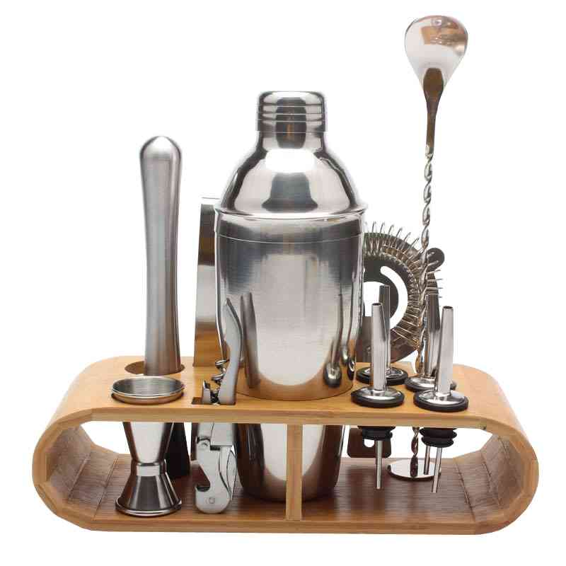 Stainless Steel- Cocktail Shaker, Barware Tools Sets With Wooden Rack