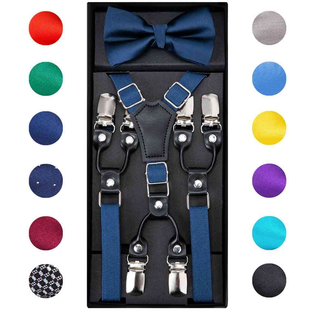 6-clips Adjustable Leather, Elastic Suspenders Straps, Bow Tie Trousers