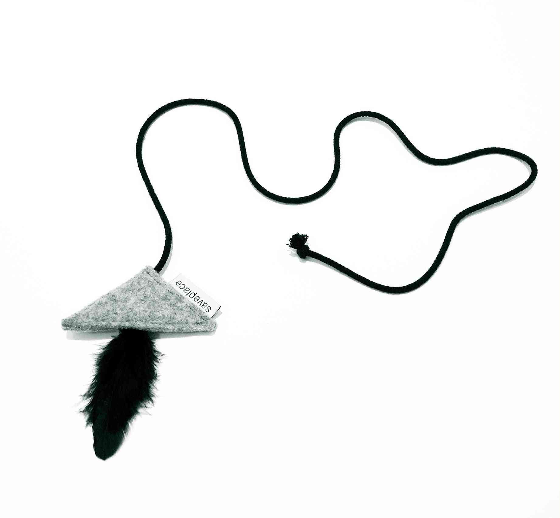 Woolen Grey Cat Toy With Feathers And Small Pyramid