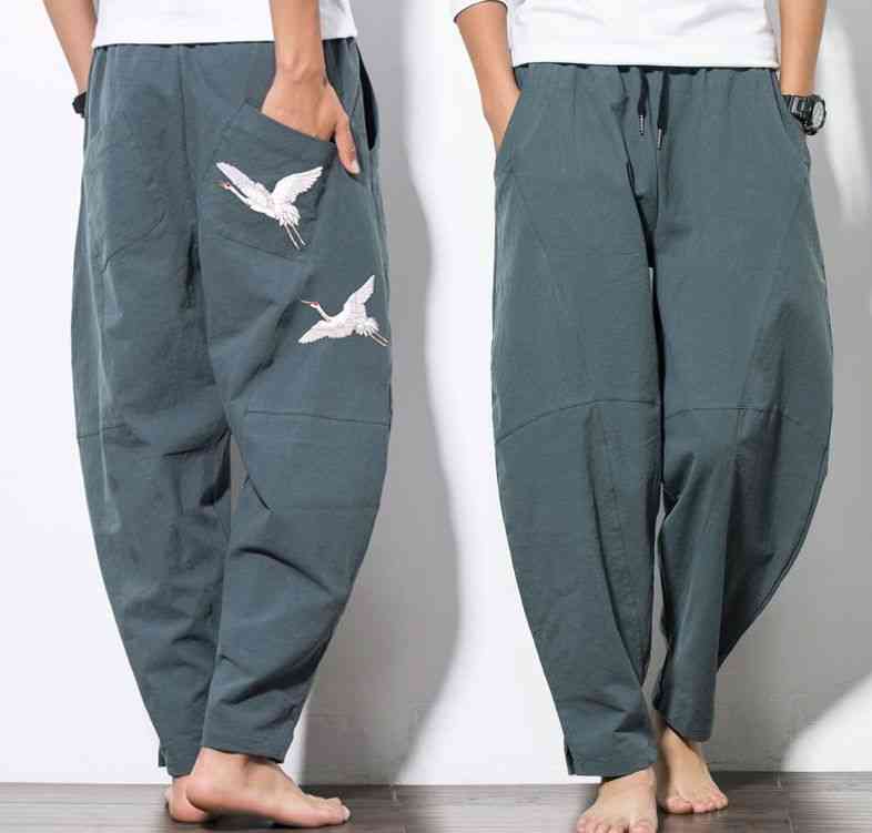 Embroidery- Cotton Linen, Loose Tang, Martial Arts Pants