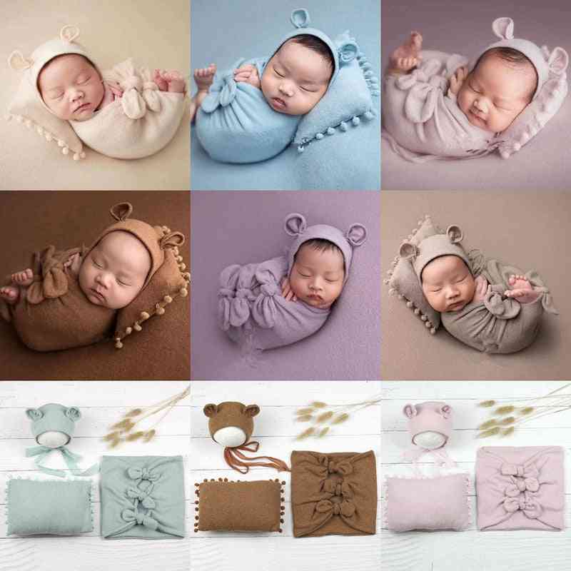 Nyfødt baby fotografi klær, spedbarn lue+wrap+putesett