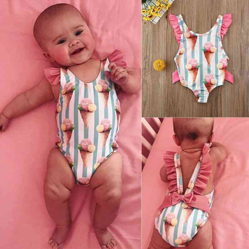 Baby Cute Ice Cream Striped Print Backless-swimsuit Bathing Swimwear