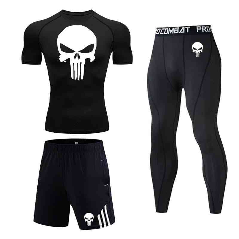 Men Skull Compression Set, Sports Tights T-shirt& Pants