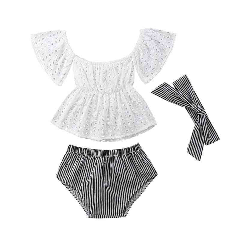 Baby Girl Casual Clothes Sets, Short-sleeved, Hollow Top+stripe, Briefs 3 Piece Set