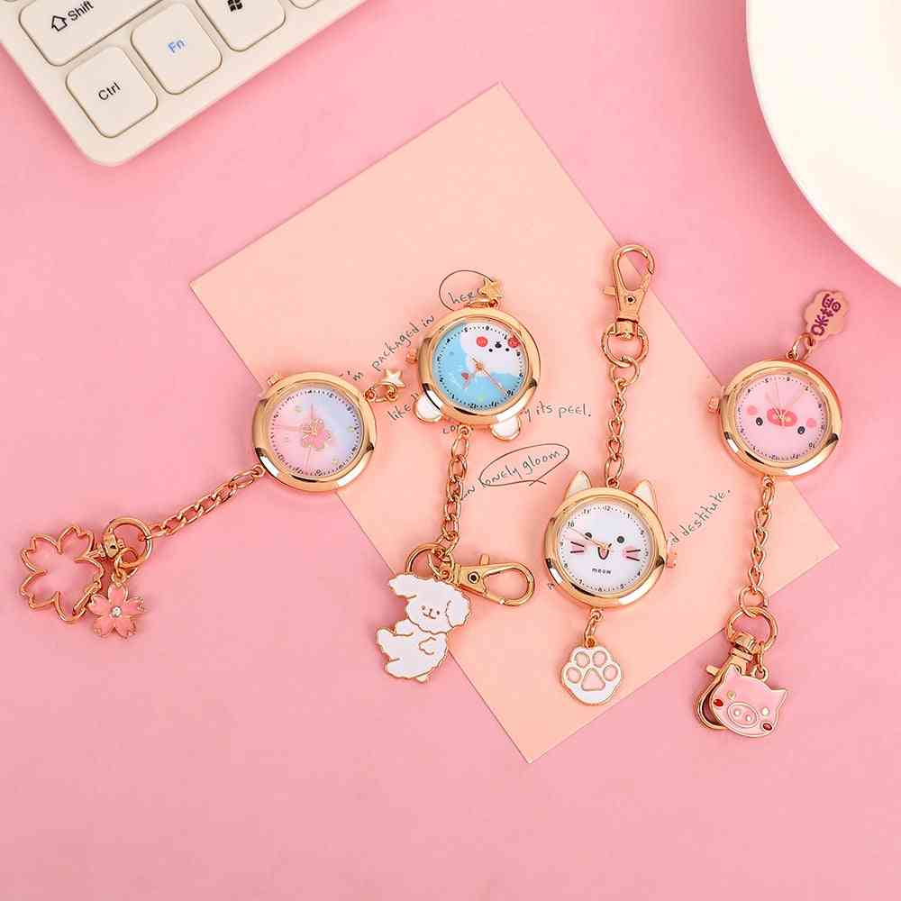 Roztomilé kreslené vreckové hodinky sakura mačka, prívesok na kľúče, ozdoba školskej tašky, šperky pre deti pre kľúč