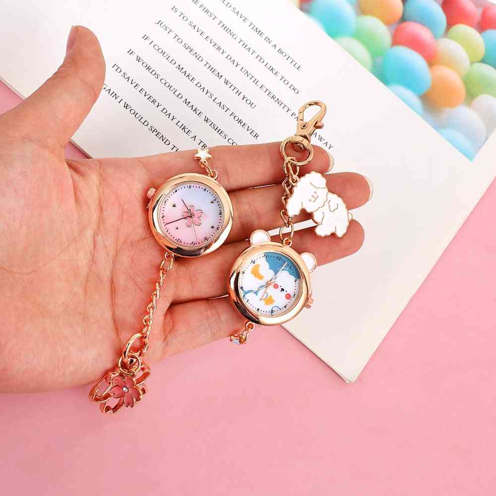 Cute Cartoon Cat Sakura Pocket Watch, Keychain Pendant Schoolbag Decoration