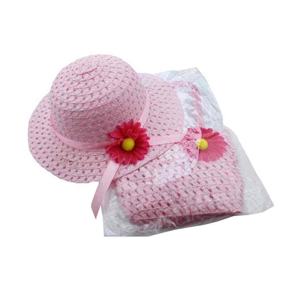 Kid Flower Sun Pattern, Straw Hat With Handbag