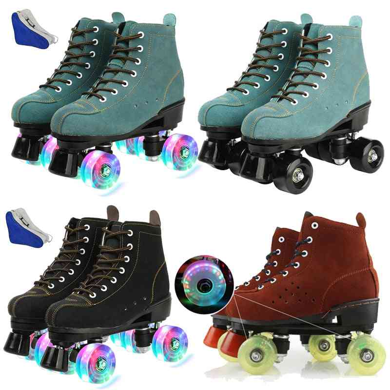 Roller Skates, Cowhide Flash Wheels Shoes, Double Line Skates
