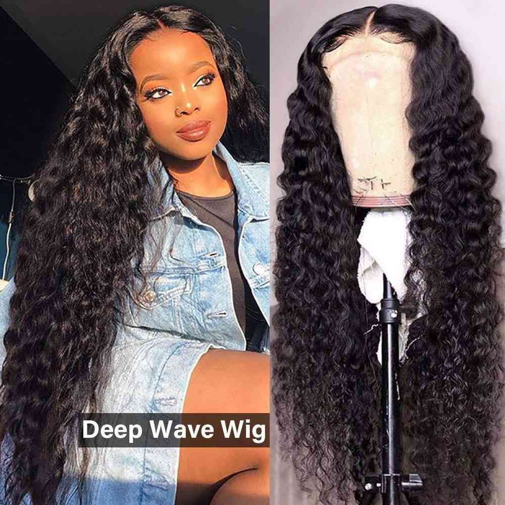 180% Density Natural, Deep Wave 4x4 Lace Closure Human Hair Wigs