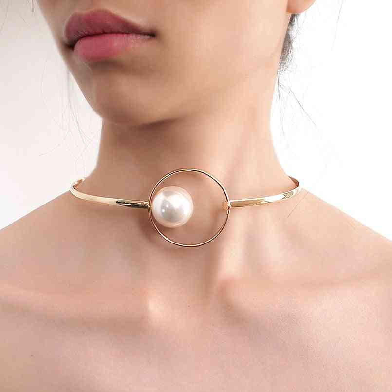 Big Imitation Pearl Metal Torques Chokers Necklaces