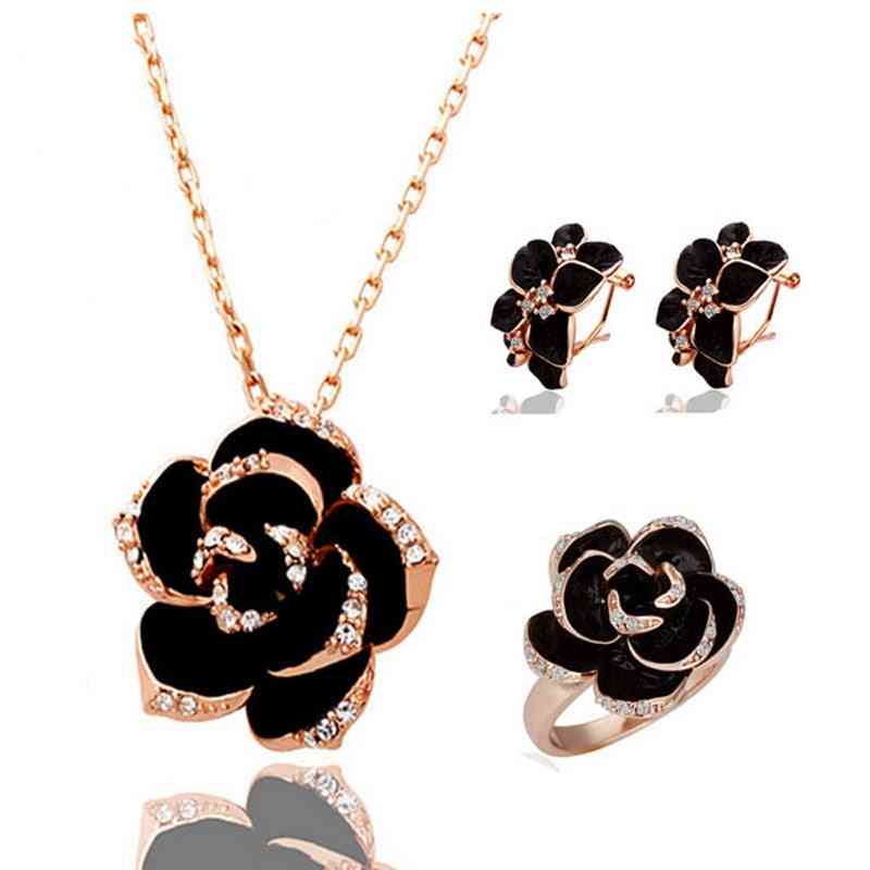 Women Gold-color Black Painting Rose Flower Necklace Earrings Ring Jewelry Sets