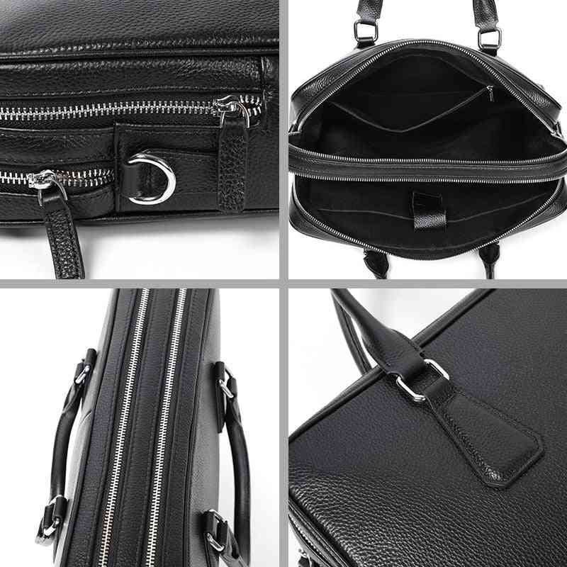 Double Zipper Leather Briefcase, Men's Bag Genuine Leather Shoulder Bag