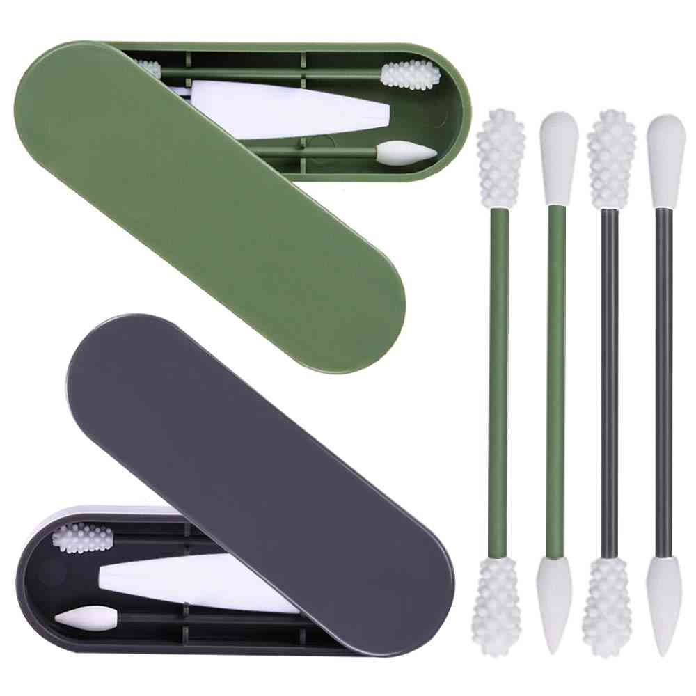 Double-ends Silicone Cotton Swabs With Carrying Case, Cleaning Brush, Makeup Tool