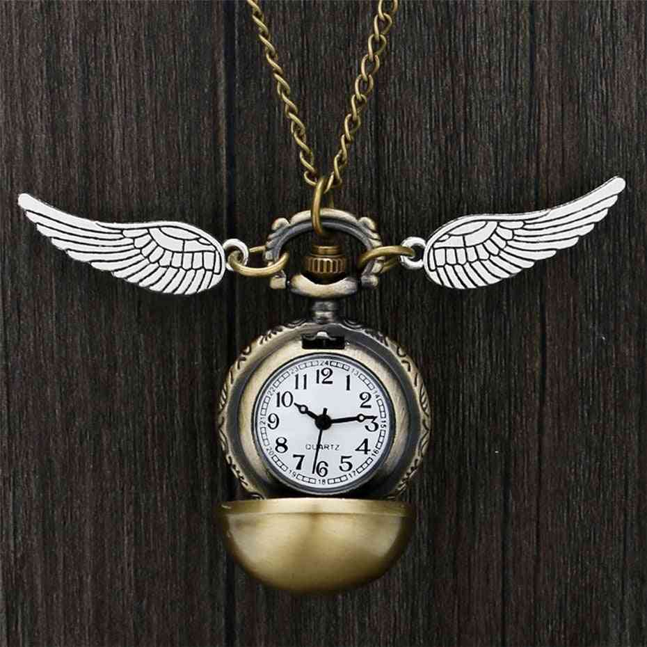 Bronze Necklace, Pocket Watch, Ball Pendant With Wings Necklace, Chain Clock