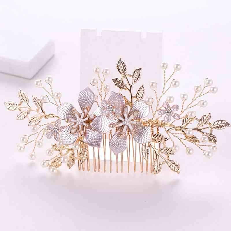 Golden Metal Crystal Pearl Jewellery, Headpiece Bridal Hair Jewelry, Women Wedding Accessories