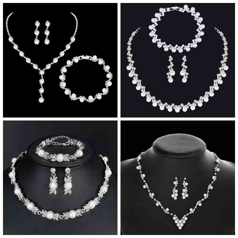 Simulated Pearl Bride Wedding Jewelry Sets, Crystal Necklace, Earrings, Bracelets