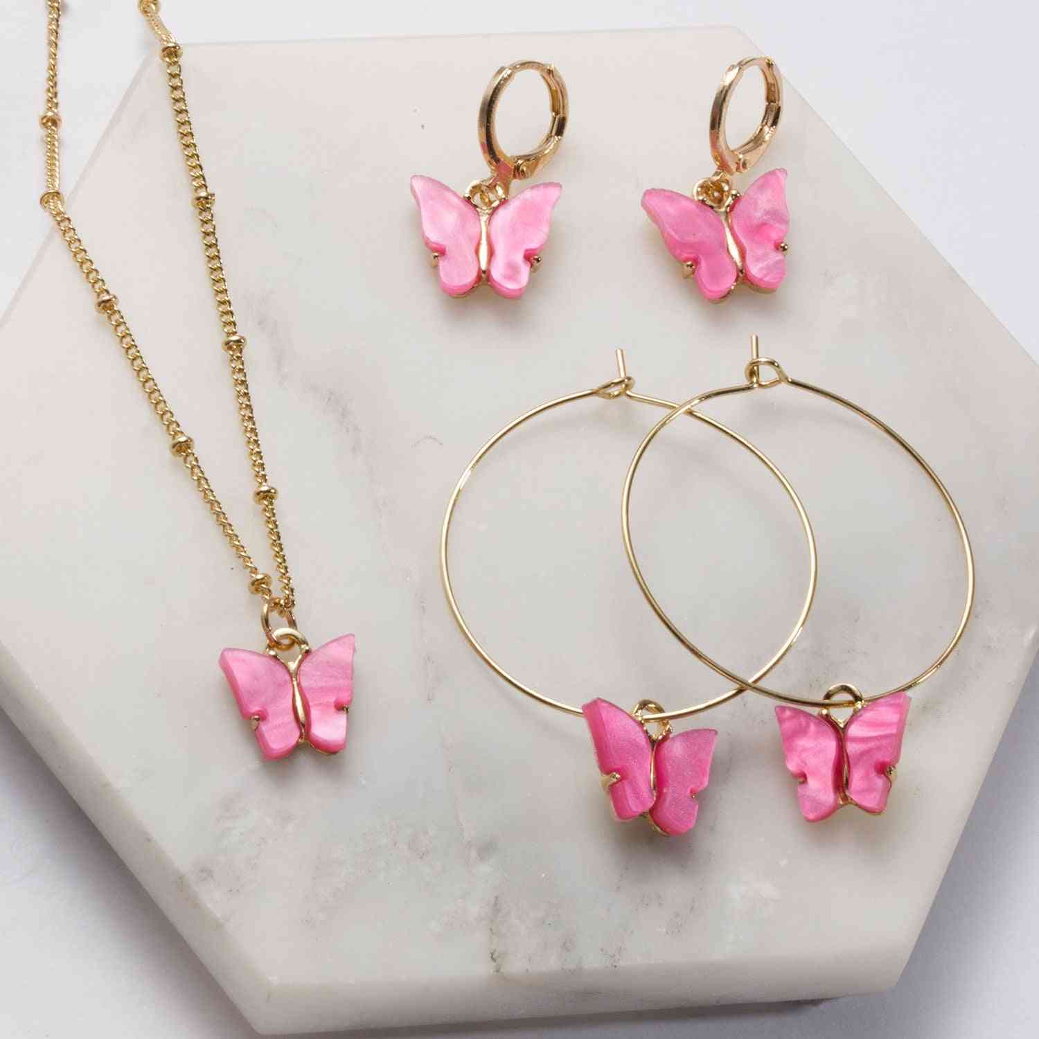 Acrylic Butterfly Pendant Earrings, Necklace Combination Set