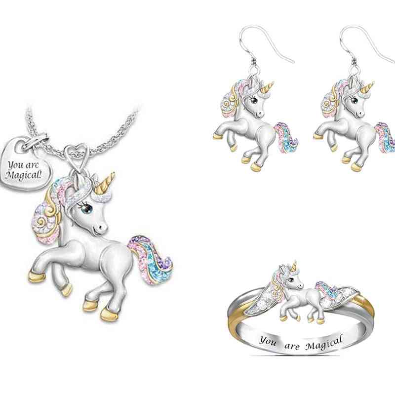 Rainbow Unicorn Jewelry Set, 's Necklace, Ring, Jewelry Sets, Cartoon Animal Birthday