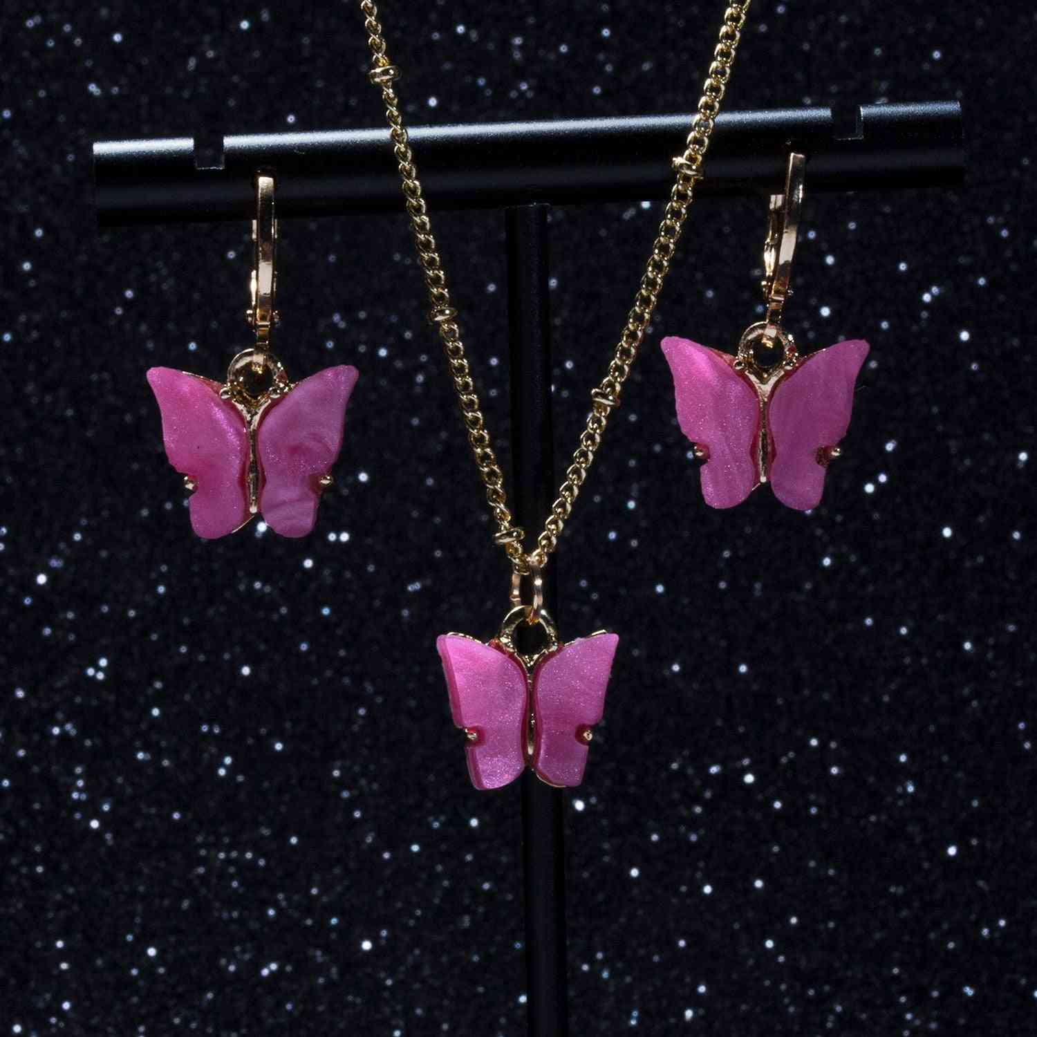 Akryl sommerfugløreringer, anheng, kombinasjonssett til halskjeder, smykkesett i legeringskjede
