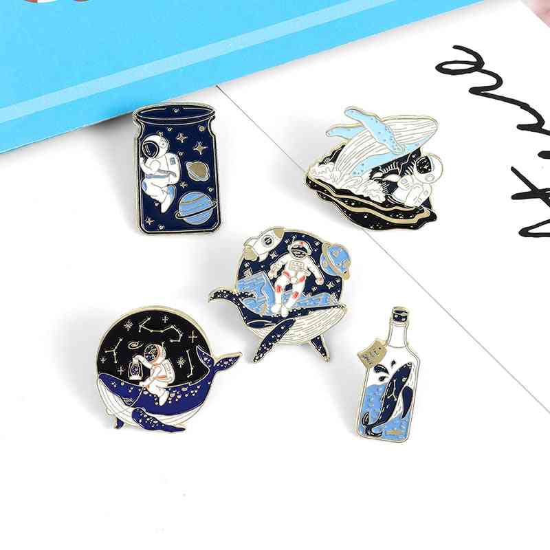 Astronaut And Whale- Enamel Ocean, Drifting Wishing Bottle Brooches, Bag Pin