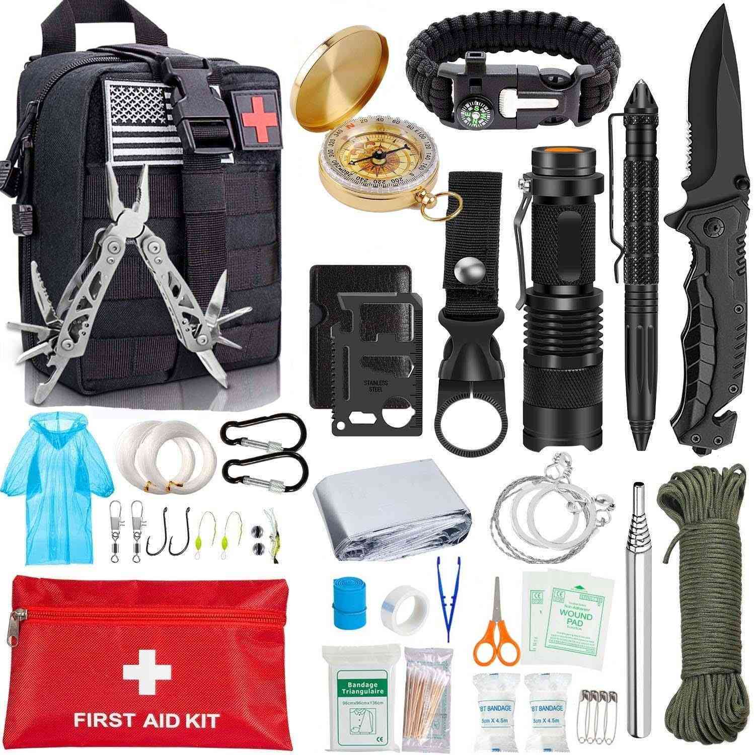 Edc survival, redskapssats - filt, taktisk penna, ficklampa, tång, trådsåg