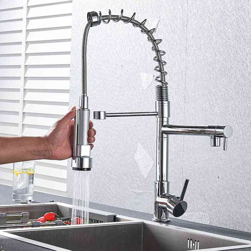Chrome Rotation Kitchen Faucet, Dual Sprayer, Swivel Spout Faucets, Spring Pull Out Tap, Vessel Sink Mixer Taps