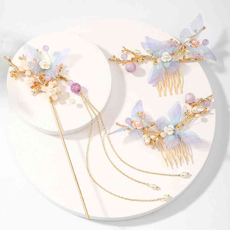 Flower Pearls Long Tassel Headpieces -jewelry Sets
