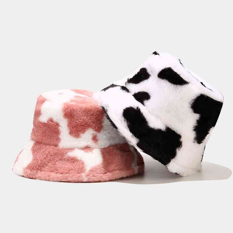 Winter Cow Print Plush Bucket Hats, Tourism Outdoor Cap
