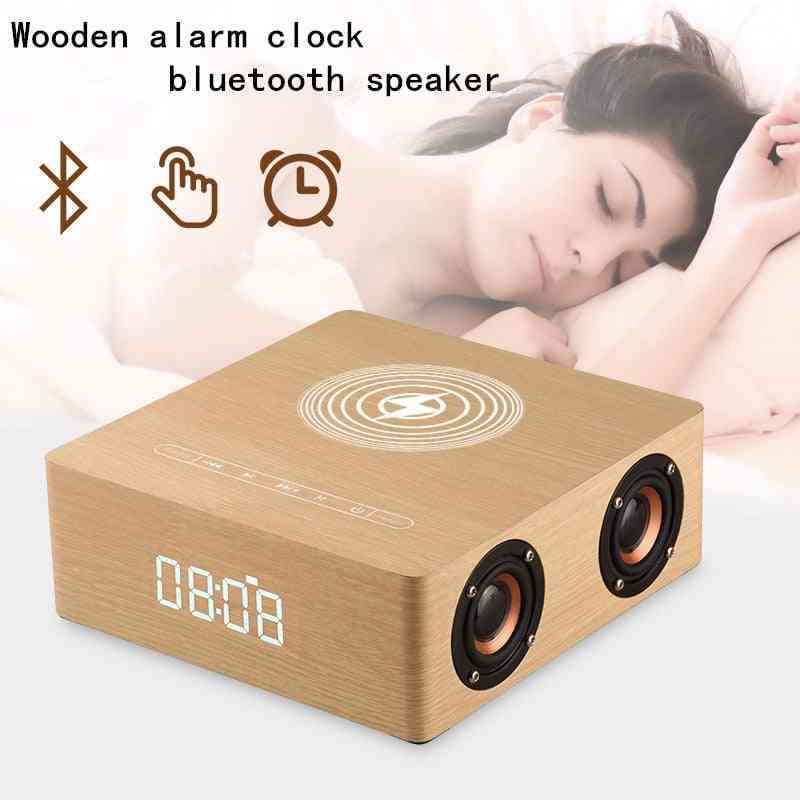 Wireless Charger Alarm Clock Wooden Bluetooth Speaker