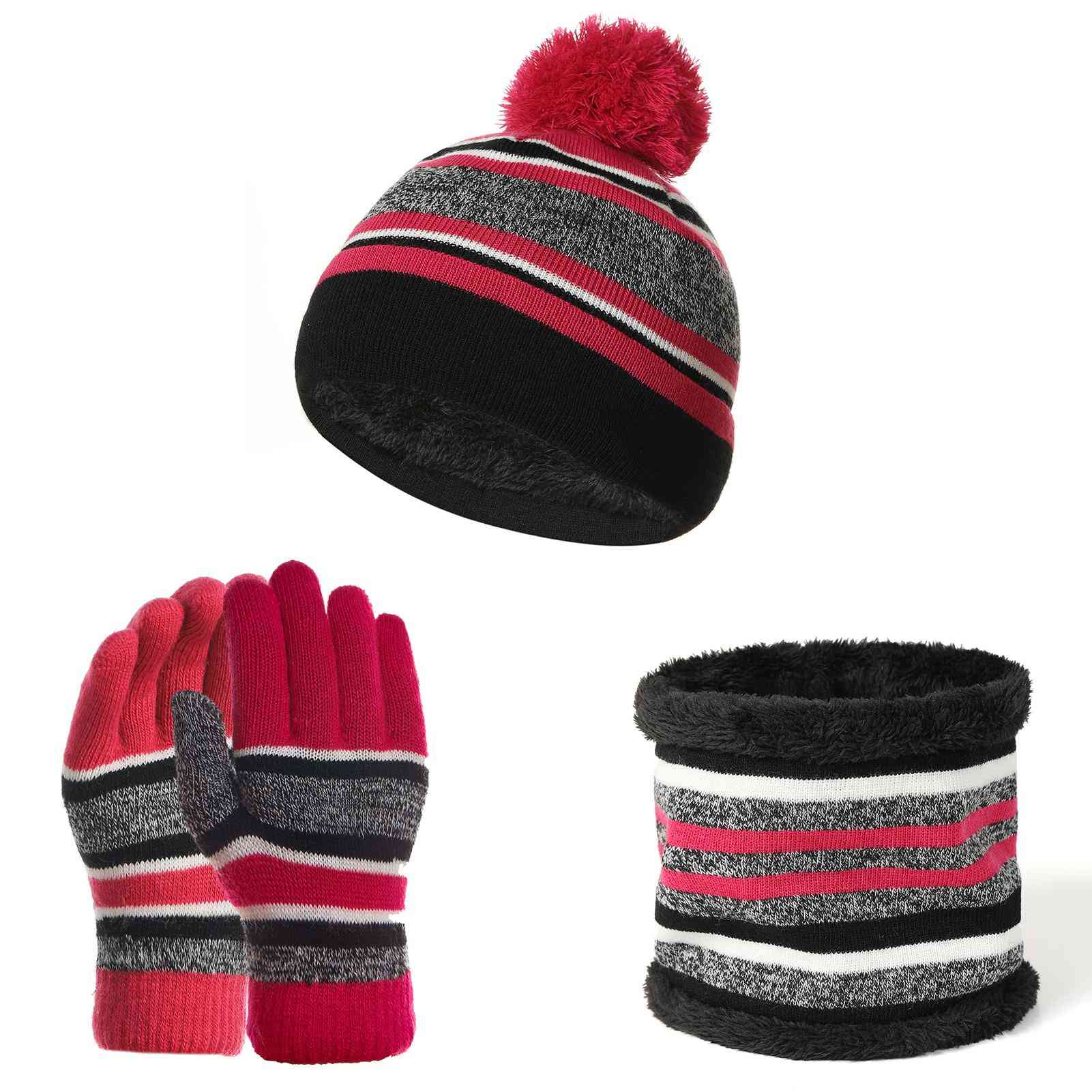 Winter Warm- Woolen Yarn Knitted, Pompom Beanie Cap & Neck Scarf, Gloves Set