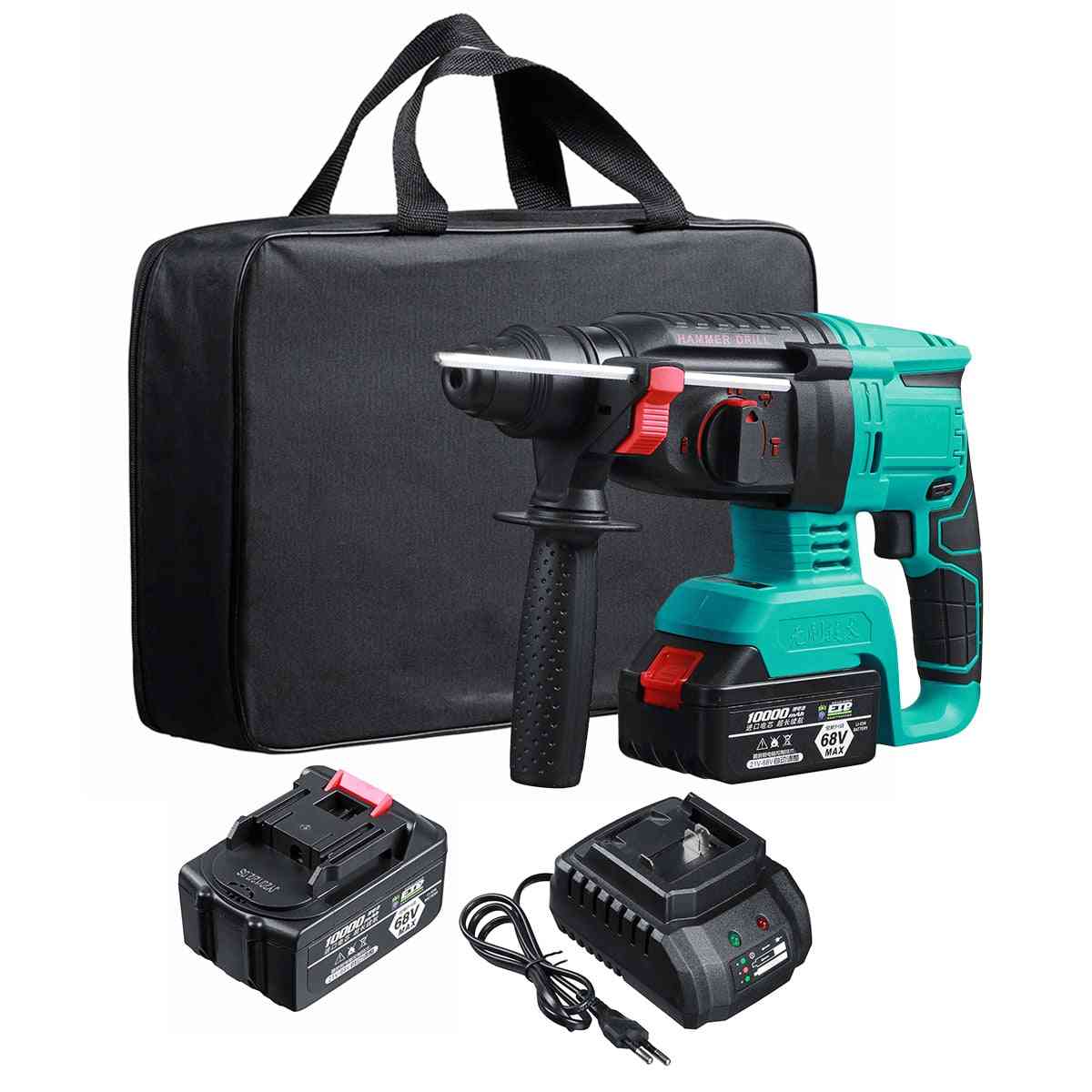Rechargeable- Electric Hammer, Impact Power Drill Tool With 2 Battery & Charger