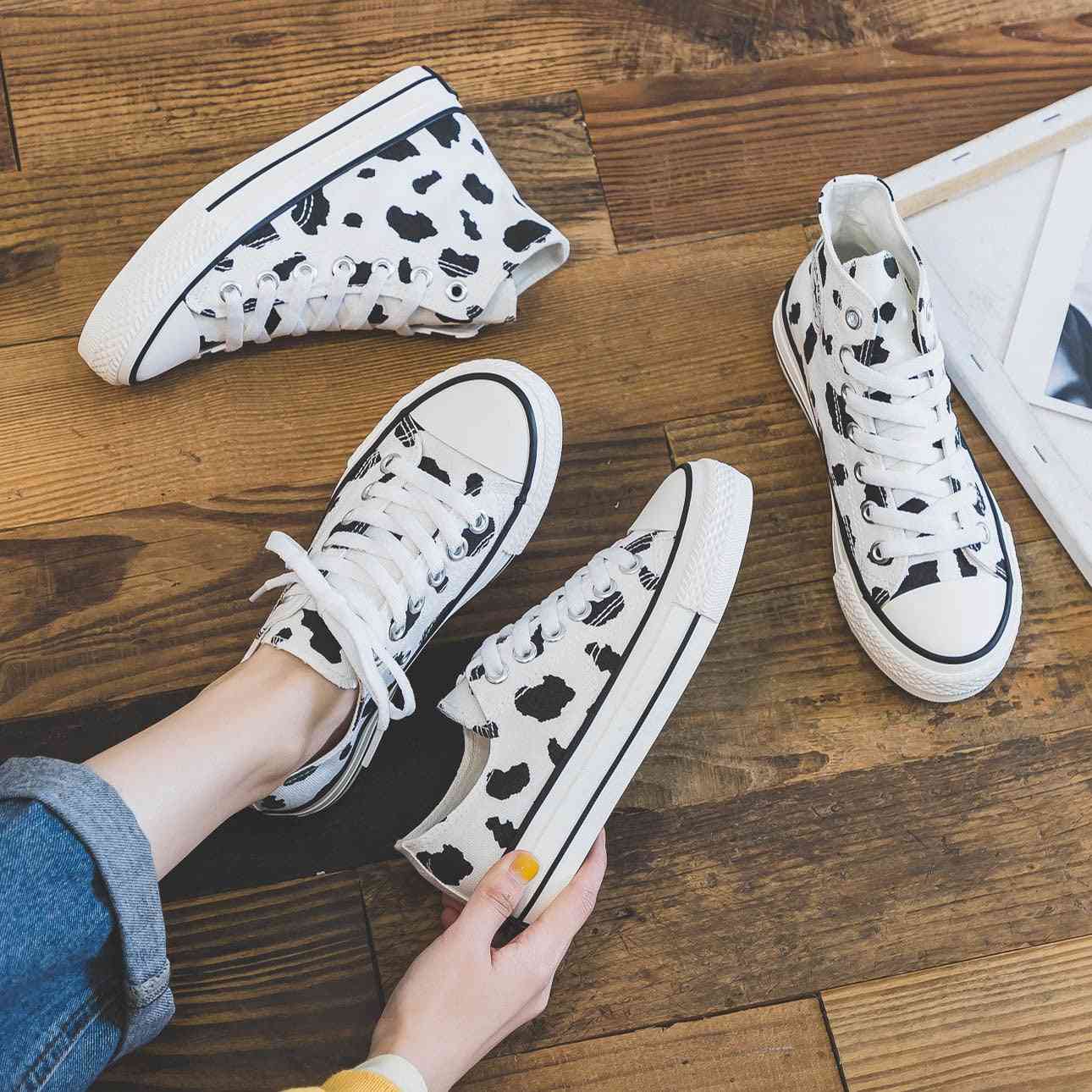 Women Sneakers, Cow Print Lace Up Flat Heel Shoes