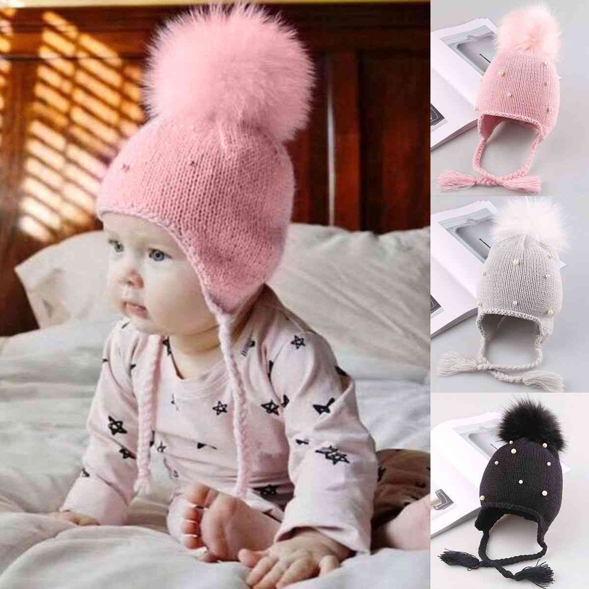 Newborn Baby Cute Pearl Hats Hair Ball, Winter Cap